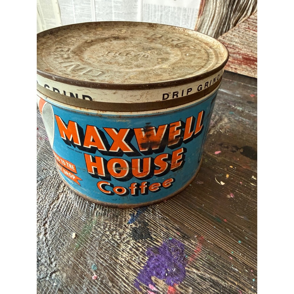 Vintage Maxwell House Coffee Tin 1lb Drip Grind Blue Metal Canister Advertising